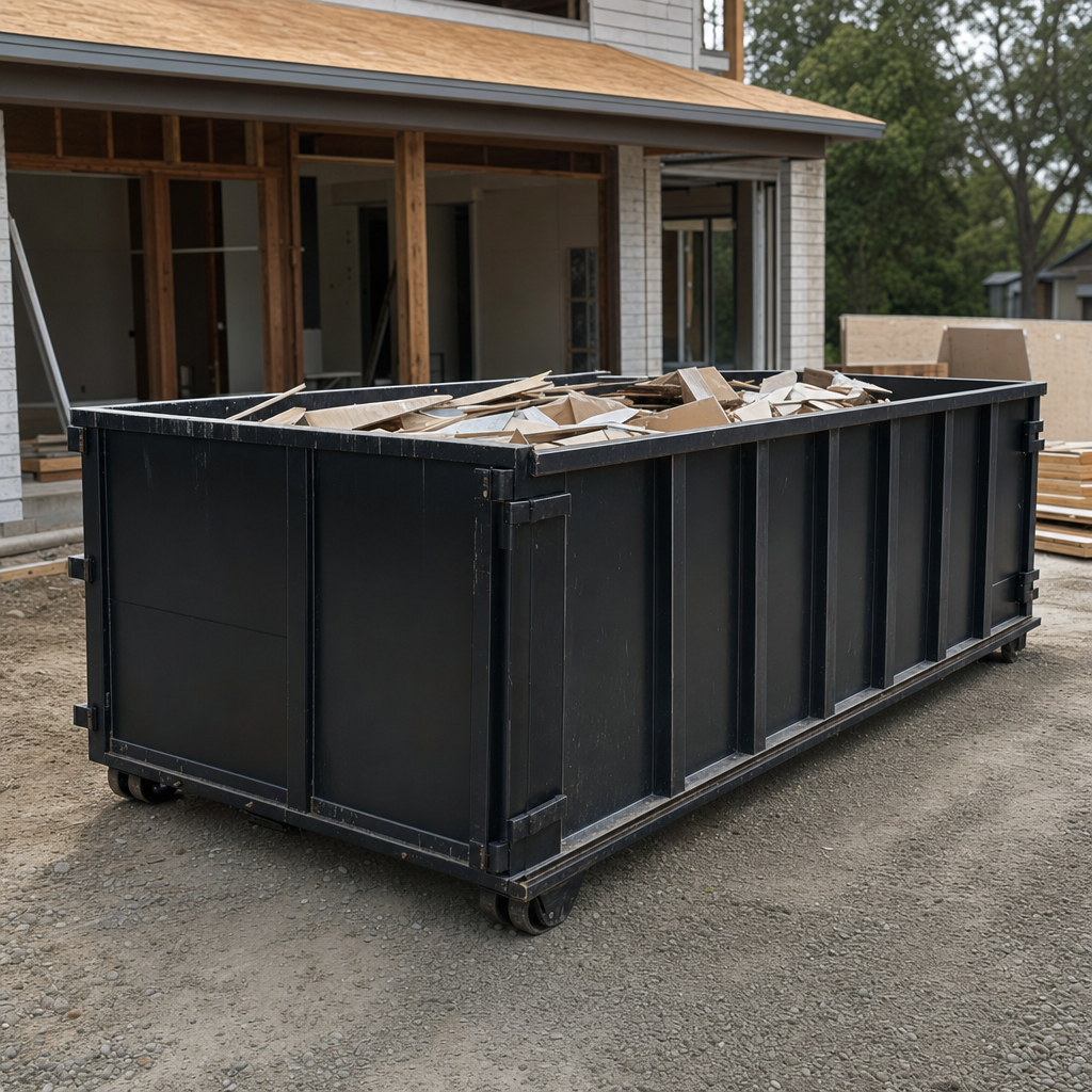 Large matte-black 30-yard construction roll-off dumpster at an active Buzzards Bay jobsite, steel-gray top rails and bottom rollers visible, loaded with construction debris.