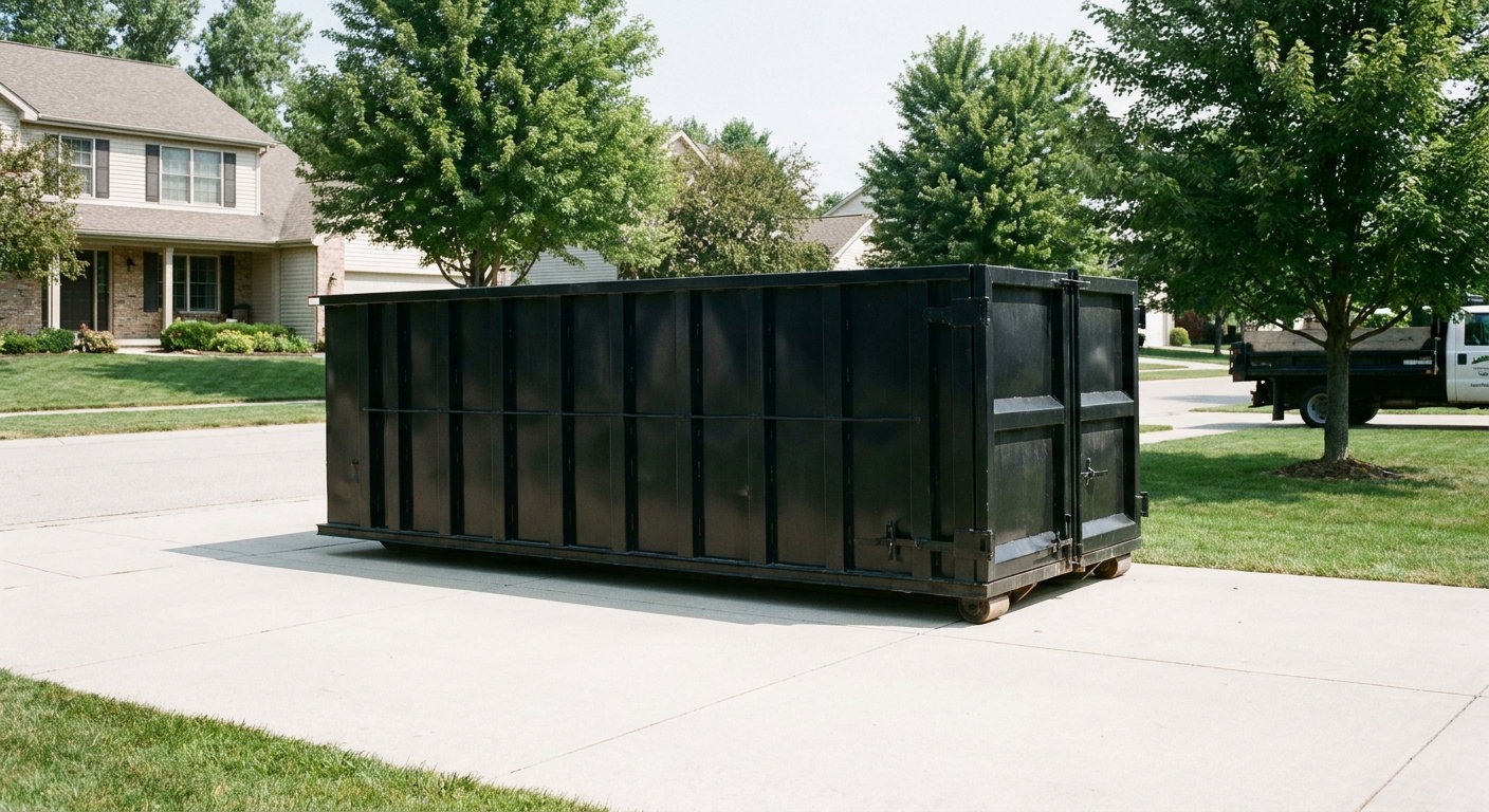Matte-black 20-yard roll-off dumpster sitting level on a clean Buzzards Bay residential concrete driveway under bright daylight, demonstrating clean placement directly on the concrete.