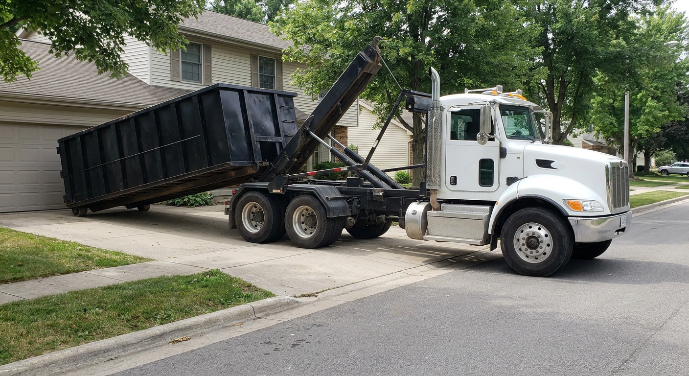 White-cab hooklift roll-off truck actively lowering a matte-black dumpster onto a Buzzards Bay residential concrete driveway, the dumpster's rear wheels touching the driveway as the hoist arm tilts the bed forward, mid-morning daylight.