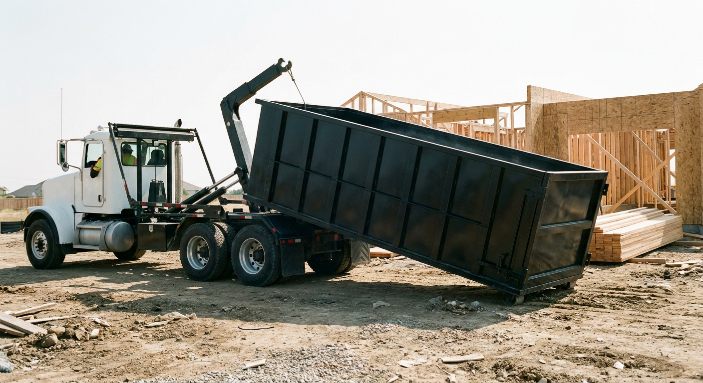 Matte-black roll-off dumpster being delivered onto a clean residential concrete driveway in Buzzards Bay by an unmarked white hooklift hauler truck, bright morning daylight, documentary 35mm perspective.